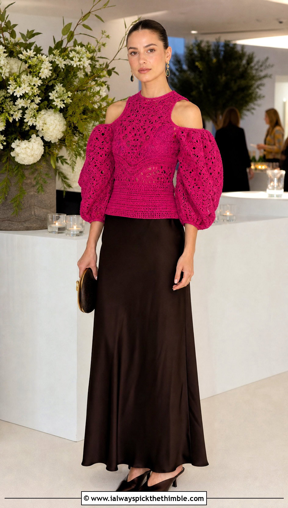 Puff Sleeve Cold Shoulder Crochet Top With Slip Skirt - 20 Cold Shoulder Crochet Top outfit ideas