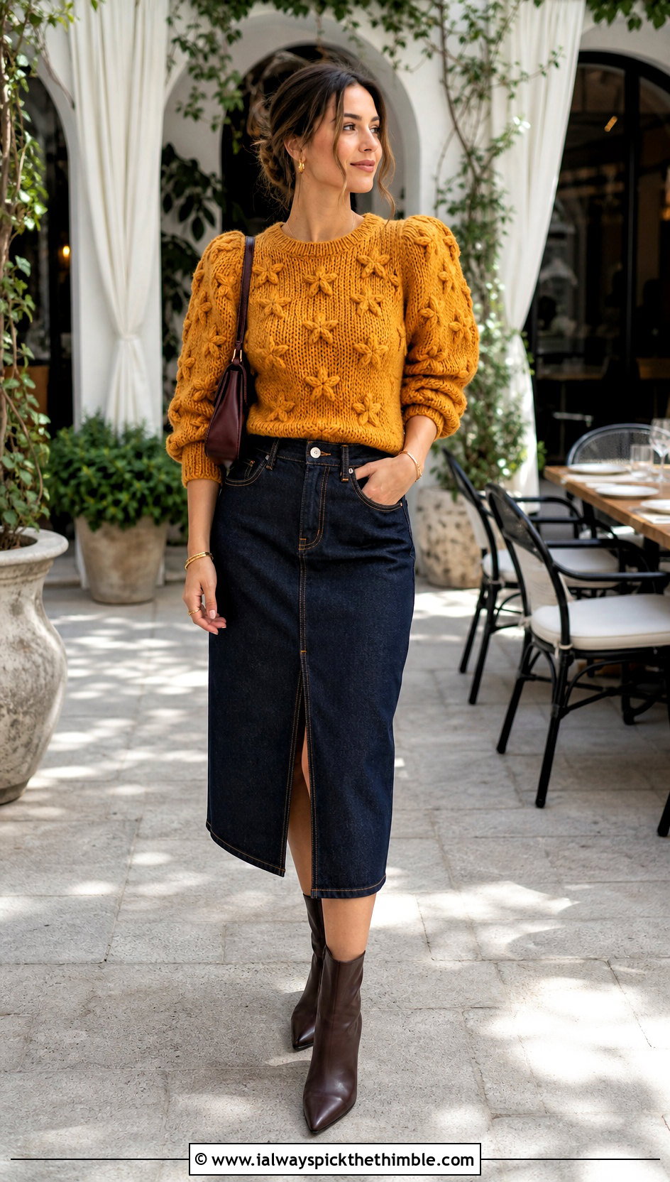 Puff Sleeve Coraline Star Crochet Sweater With Denim Midi Skirt - 20 coraline crochet sweater outfit ideas