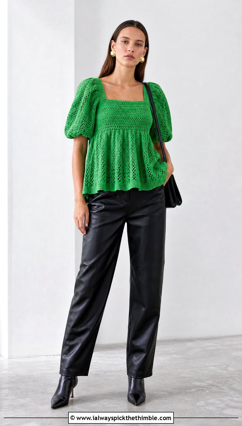 Puff Sleeve Crochet Babydoll Top With Leather Pants - 25 crochet sleeve top outfit ideas