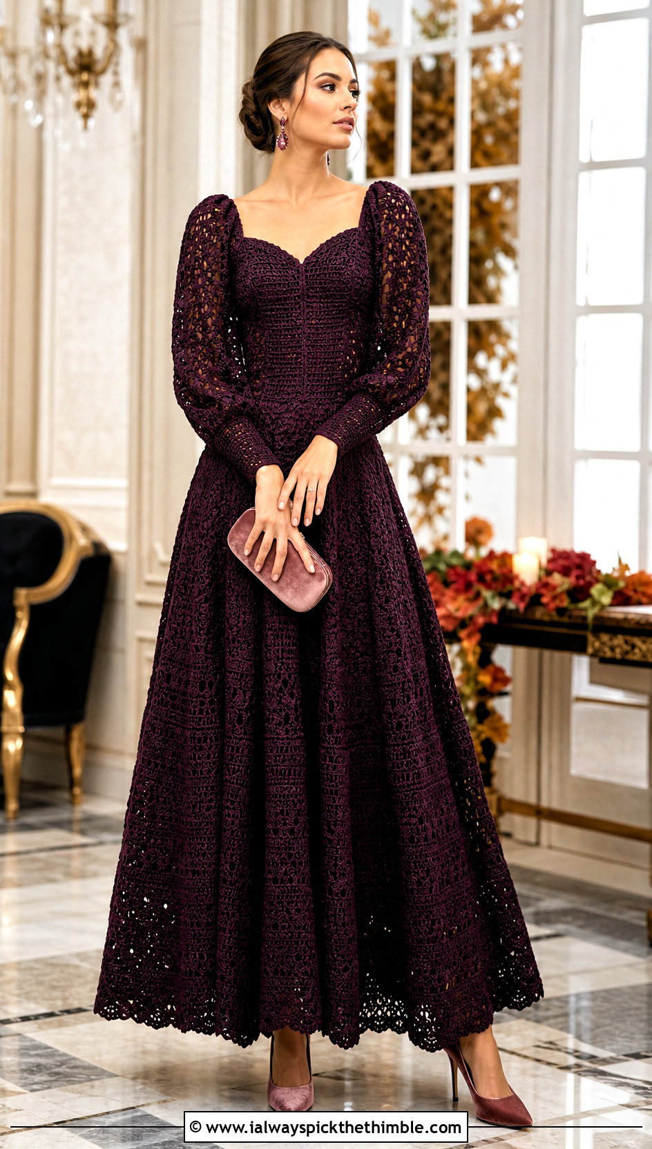 Puff Sleeve Crochet Ball Gown With Velvet Accessories - 20 Crochet Ball Gown outfit ideas