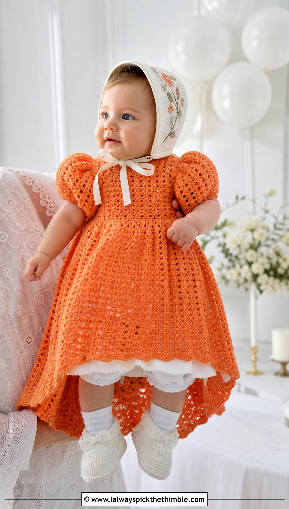 Puff Sleeve Crochet Baptism Gown With Embroidered Bonnet - 15 Crochet Baptism Gown outfit ideas
