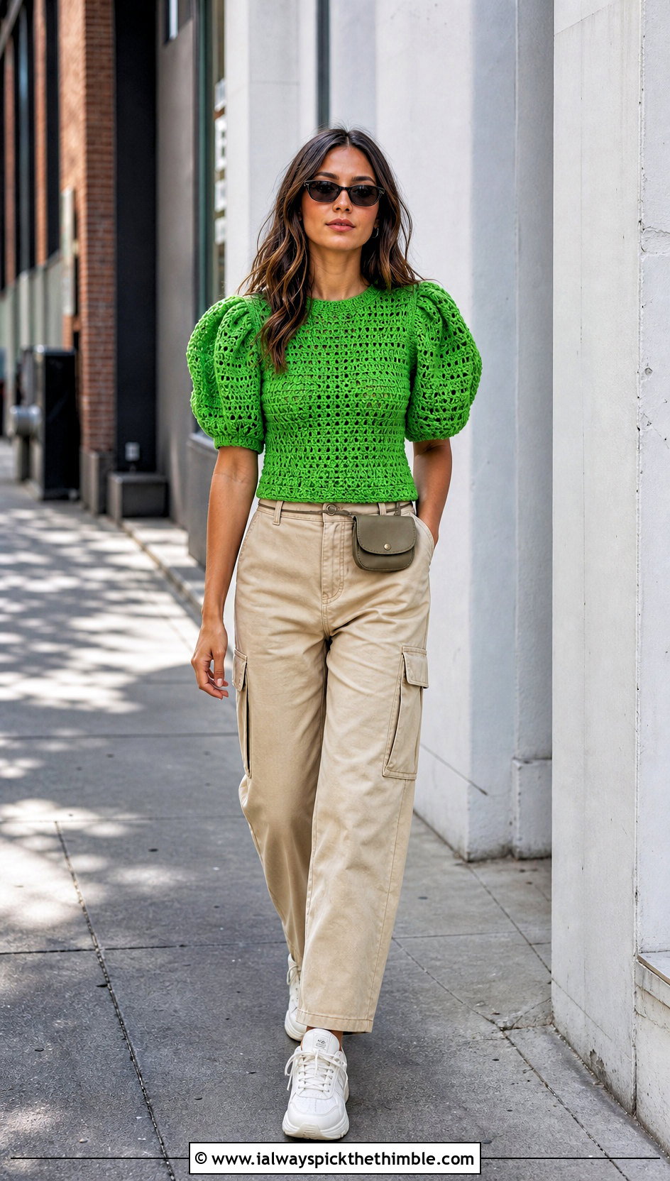 Puff Sleeve Crochet Blouse With Cargo Pants - 15 quick crochet blouse outfit ideas