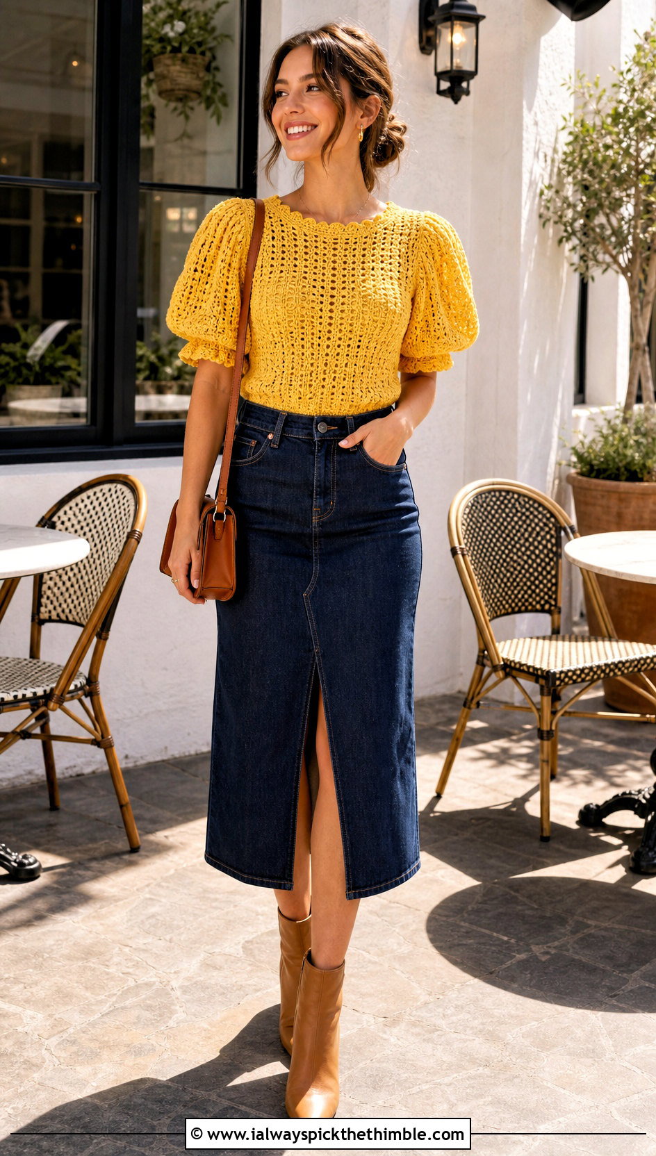 Puff Sleeve Crochet Blouse With Denim Midi Skirt - 25 crochet blouse outfit ideas