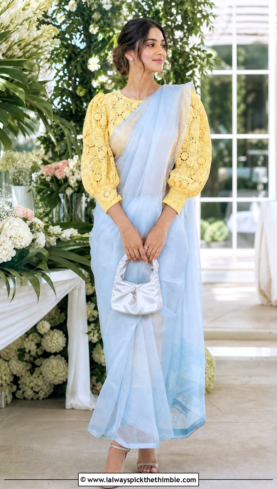 Puff Sleeve Crochet Blouse With Organza Saree - 25 Crochet Blouse For Saree outfit ideas