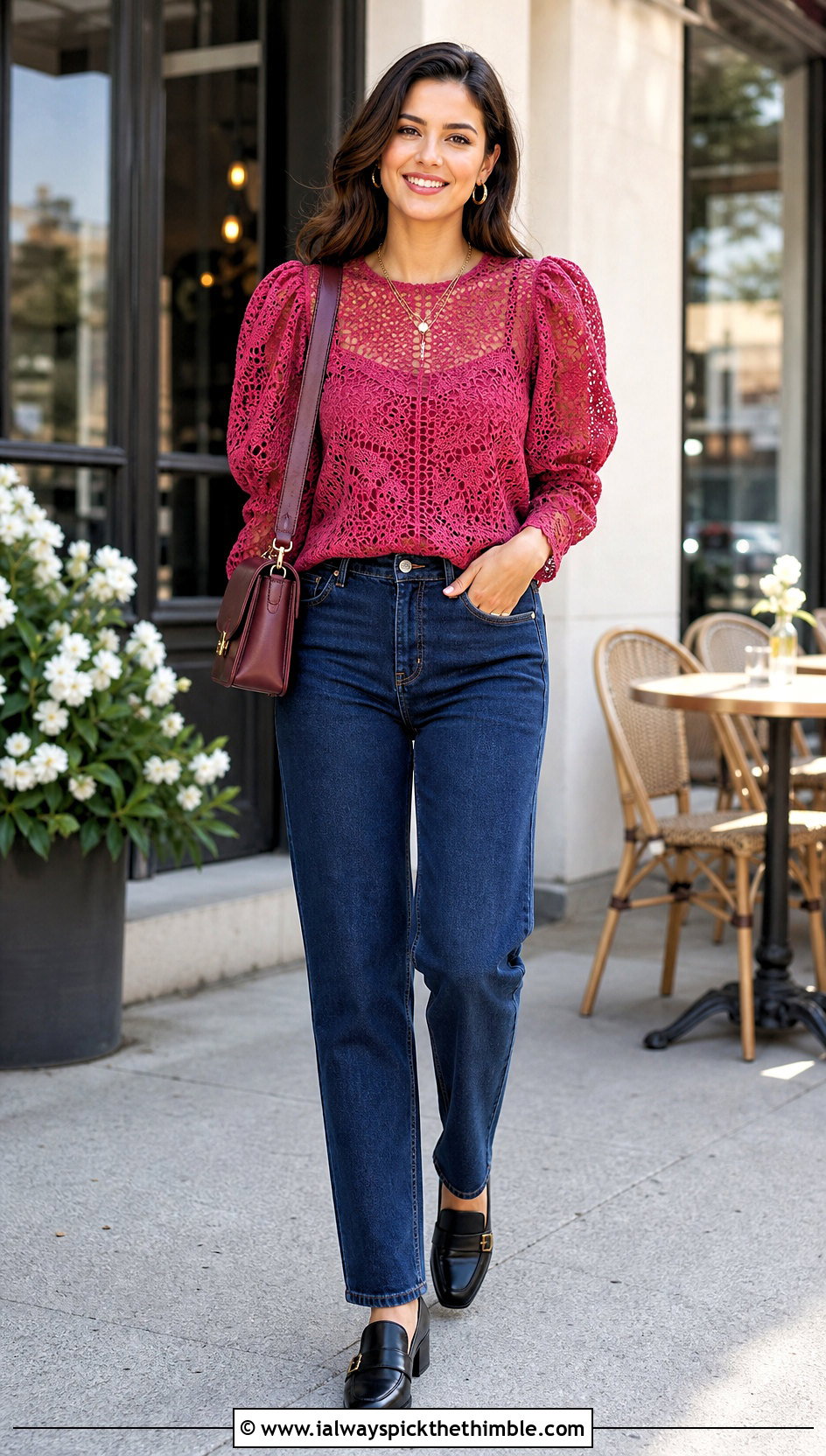 Puff Sleeve Crochet Blouse With Straight Leg Jeans - 25 knitted crochet top outfit ideas