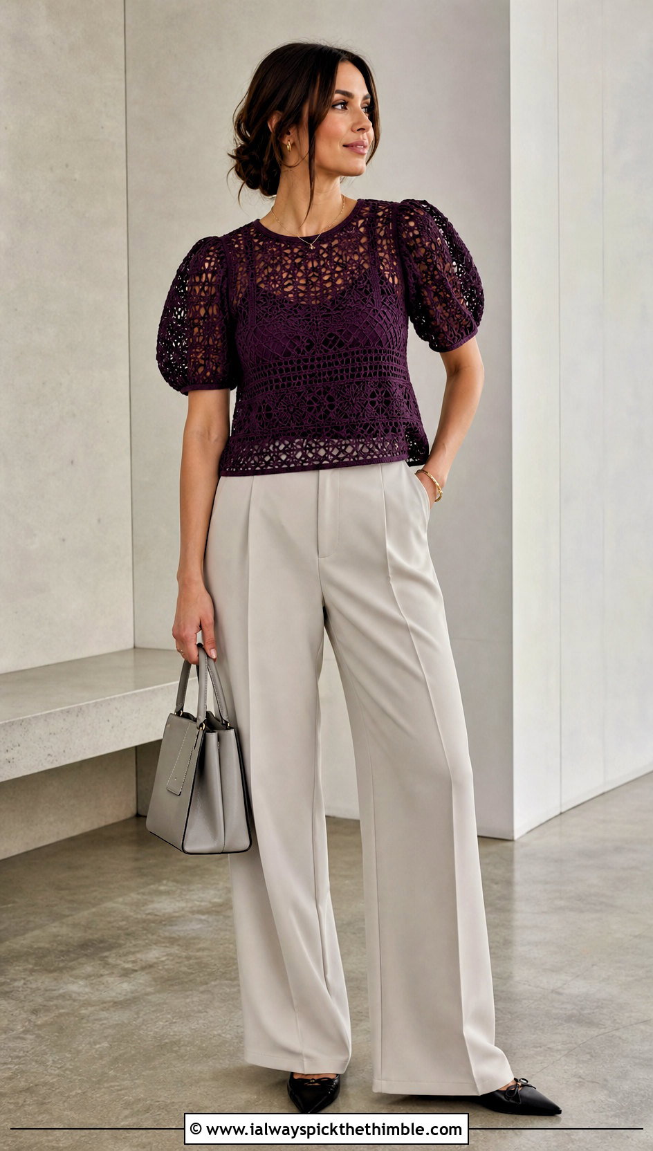 Puff Sleeve Crochet Blouse With Tailored Trousers - 25 Kawaii Crochet Clothes and outfit ideas