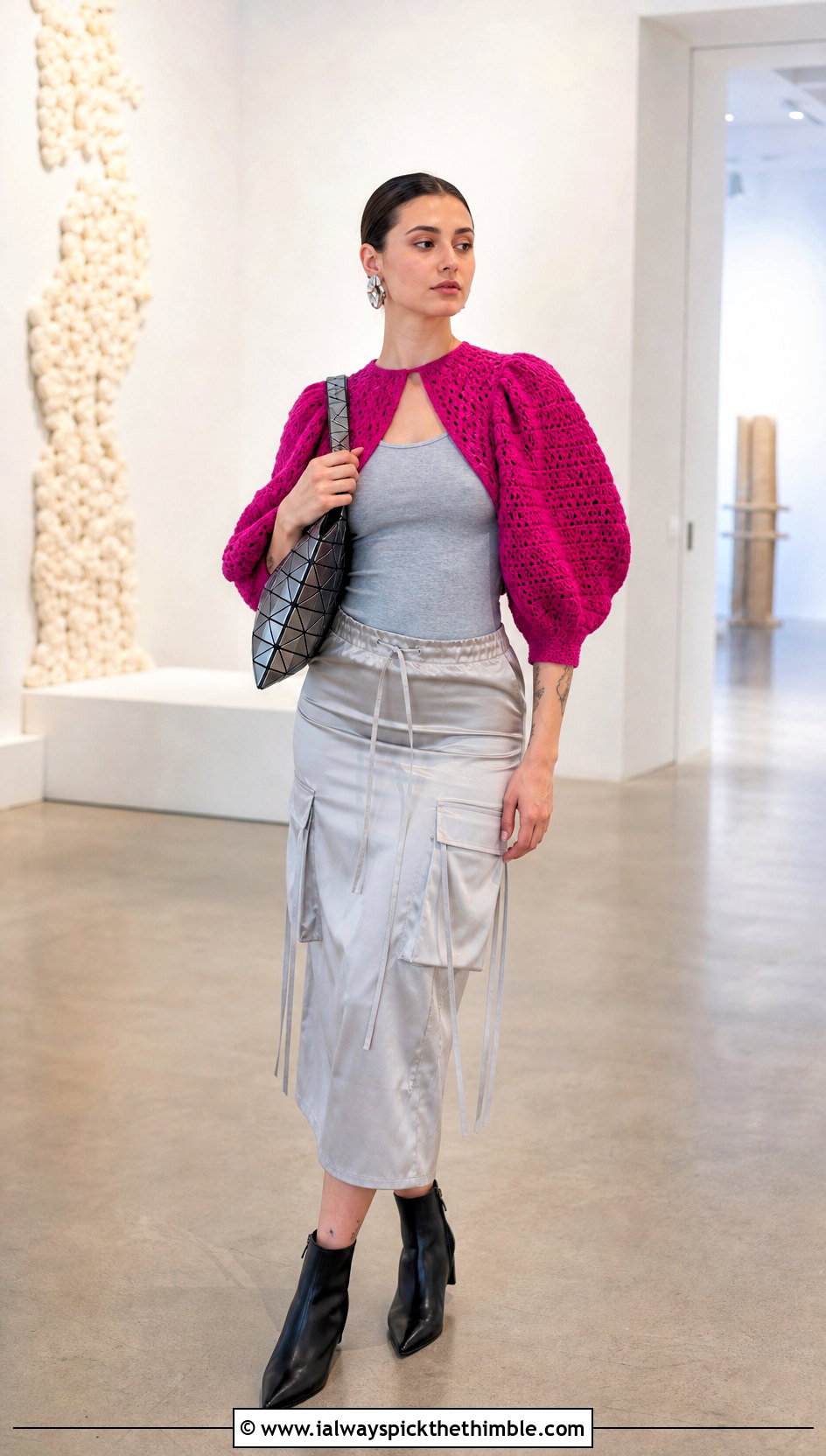 Puff Sleeve Crochet Bolero Top With Satin Cargo Skirt - 20 crochet bolero top outfit ideas