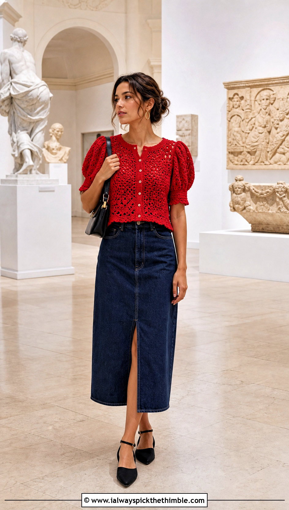 Puff Sleeve Crochet Button Blouse With Denim Skirt - 20 crochet button top outfit ideas