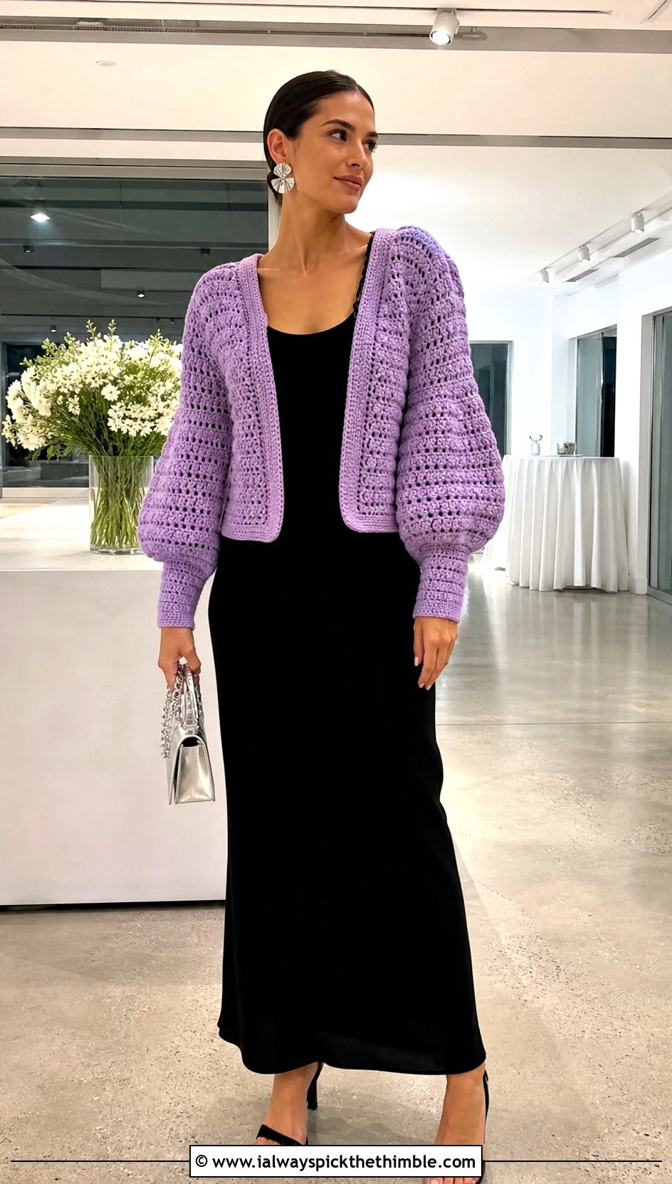 Puff Sleeve Crochet Cardigan With Black Maxi Dress - 20 Crochet Cardigan Outfit Aesthetic outfit ideas