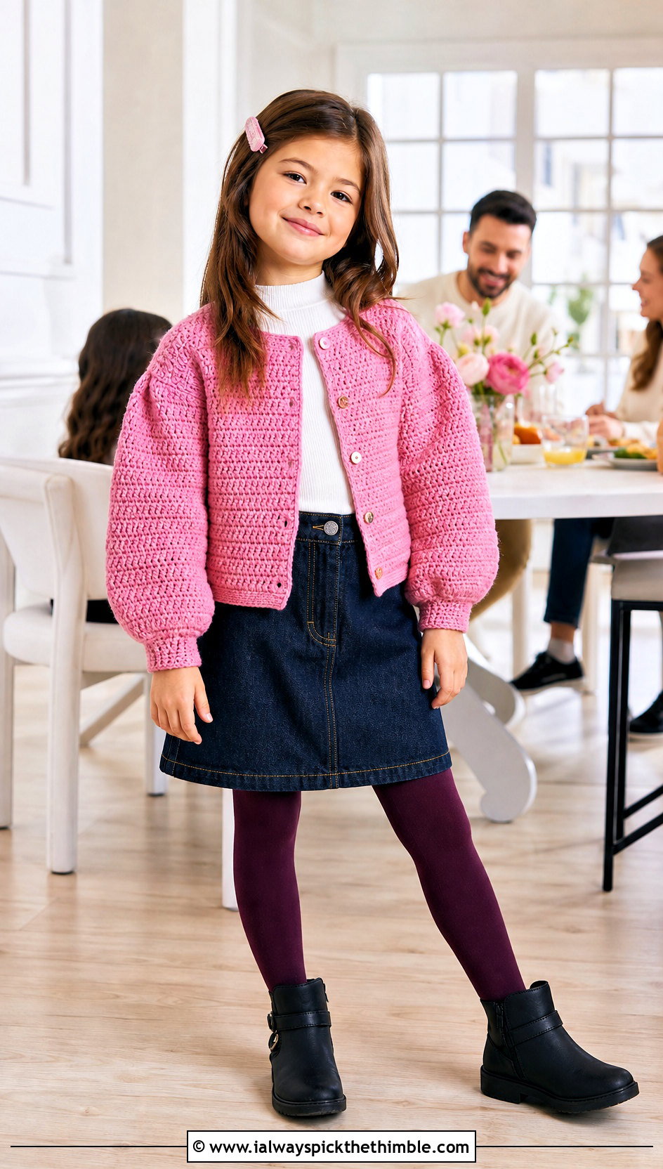 Puff Sleeve Crochet Cardigan With Denim Skirt - 20 Childs Crochet Cardigan outfit ideas
