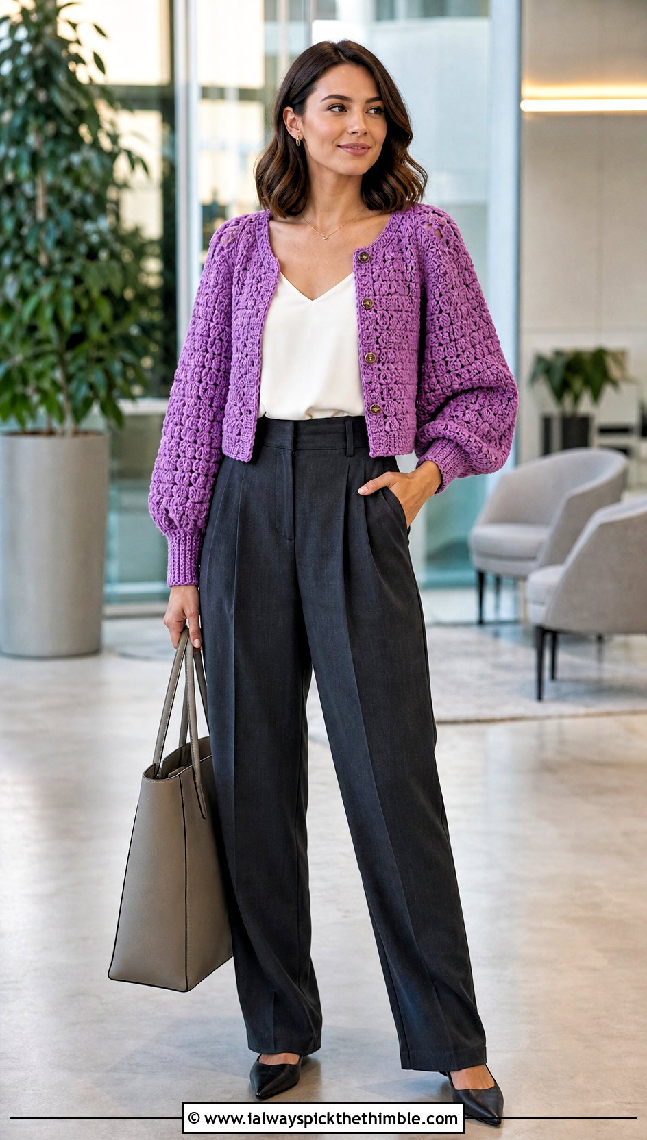Puff Sleeve Crochet Cardigan With Pleated Trousers - 20 bohemian crochet cardigan outfit ideas