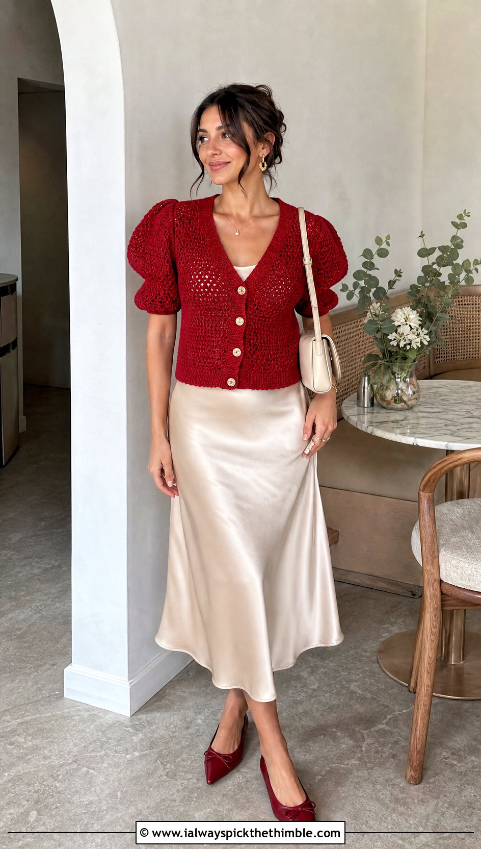 Puff Sleeve Crochet Cardigan With Satin Midi Skirt - 25 easy crochet cardigan women outfit ideas
