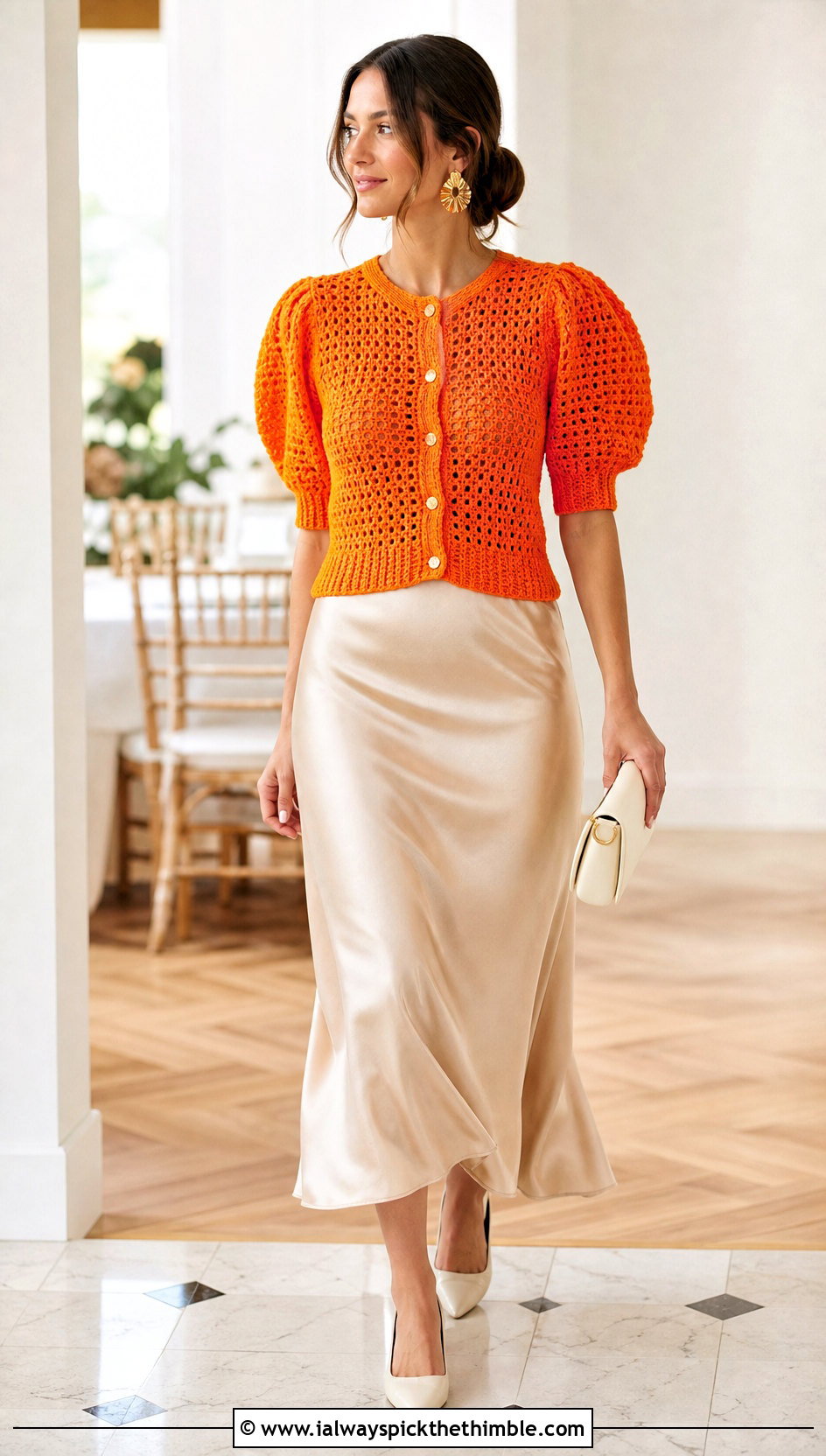 Puff Sleeve Crochet Cardigan With Satin Midi Skirt - 20 Crochet 80S Clothes and outfit ideas