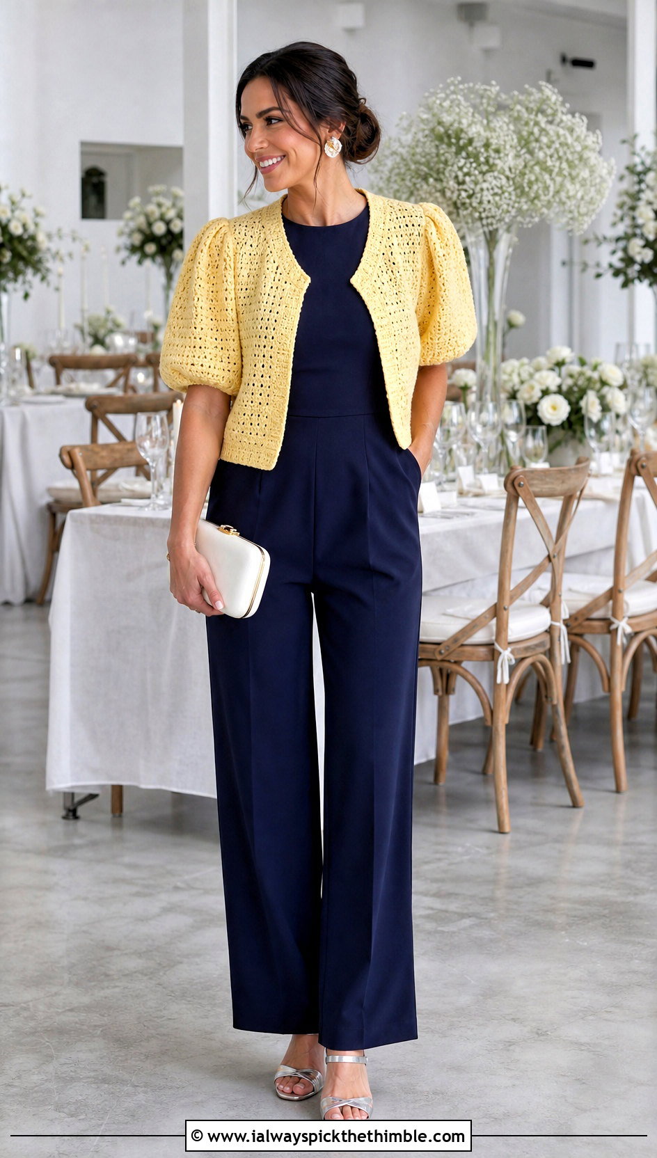 Puff Sleeve Crochet Cardigan With Tailored Jumpsuit - 25 ladies crochet cardigan outfit ideas