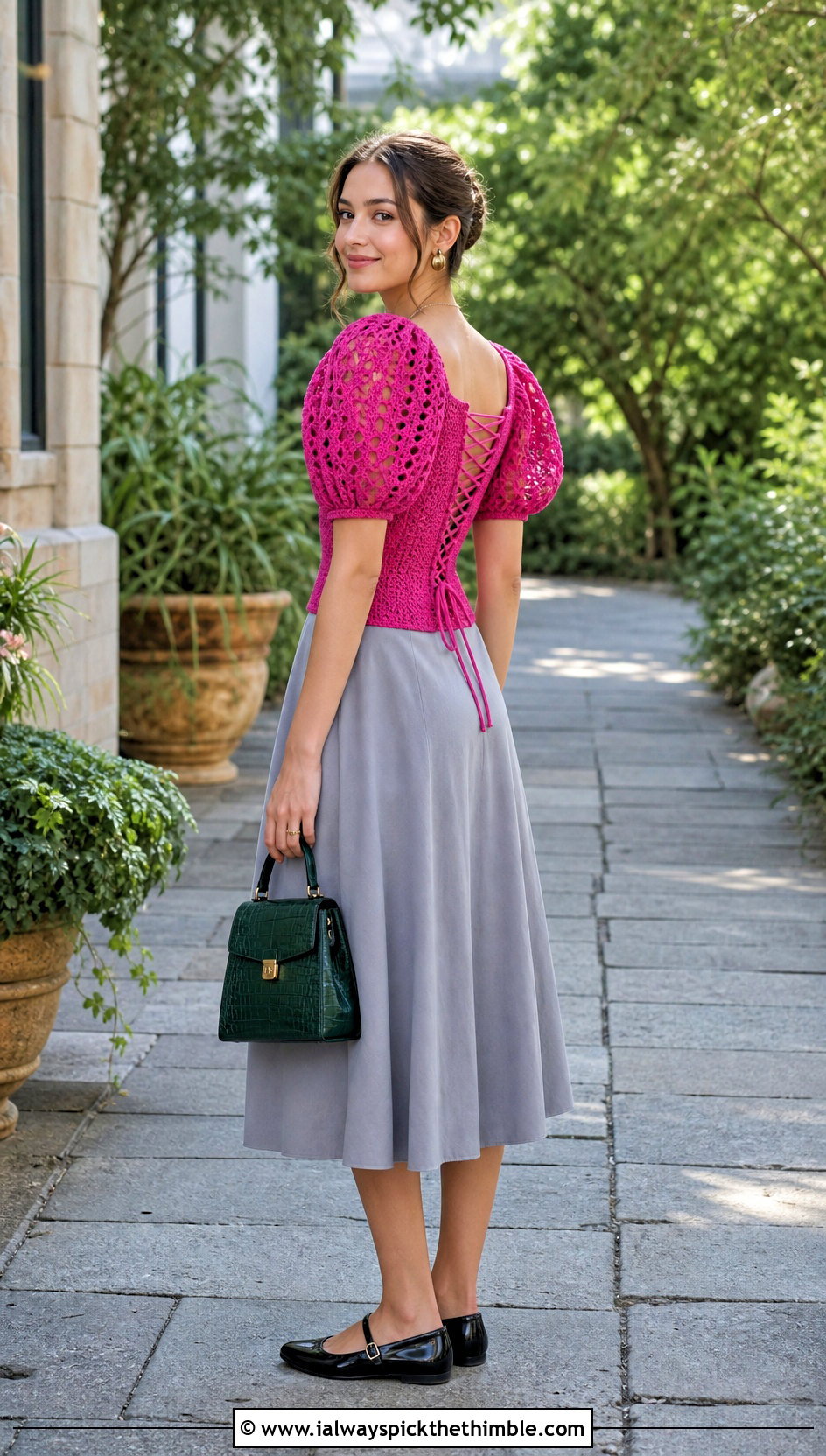 Puff Sleeve Crochet Corset Top With A Line Skirt - 15 Diy Crochet Corset Top outfit ideas