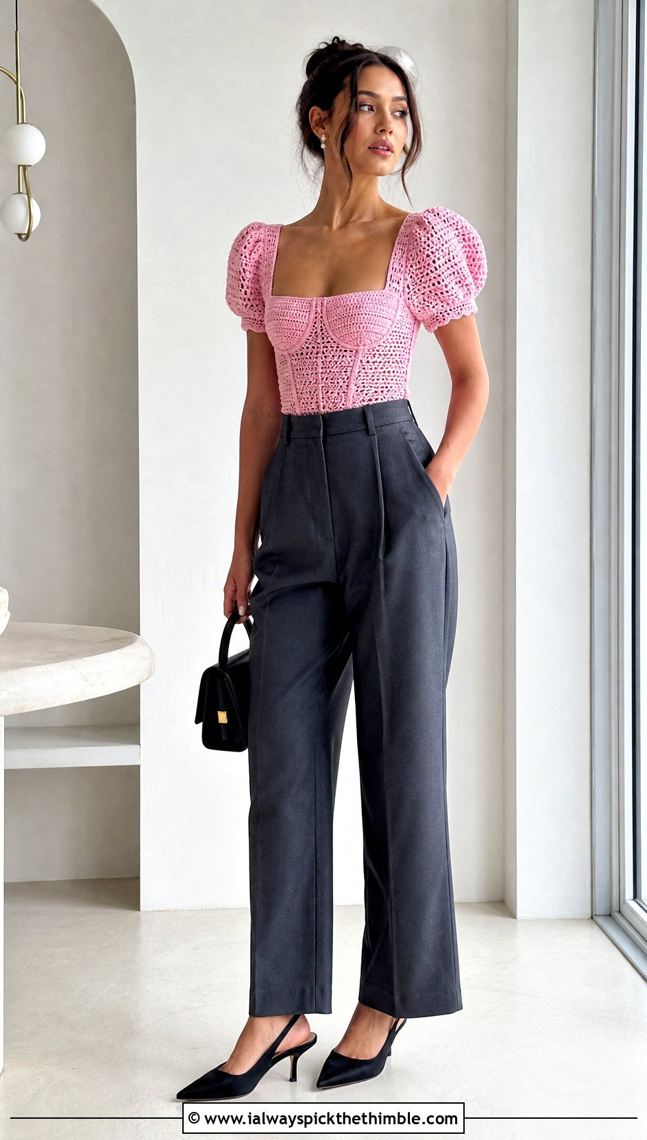 Puff Sleeve Crochet Corset Top With Tailored Trousers - 20 crochet corset top with sleeves outfit ideas