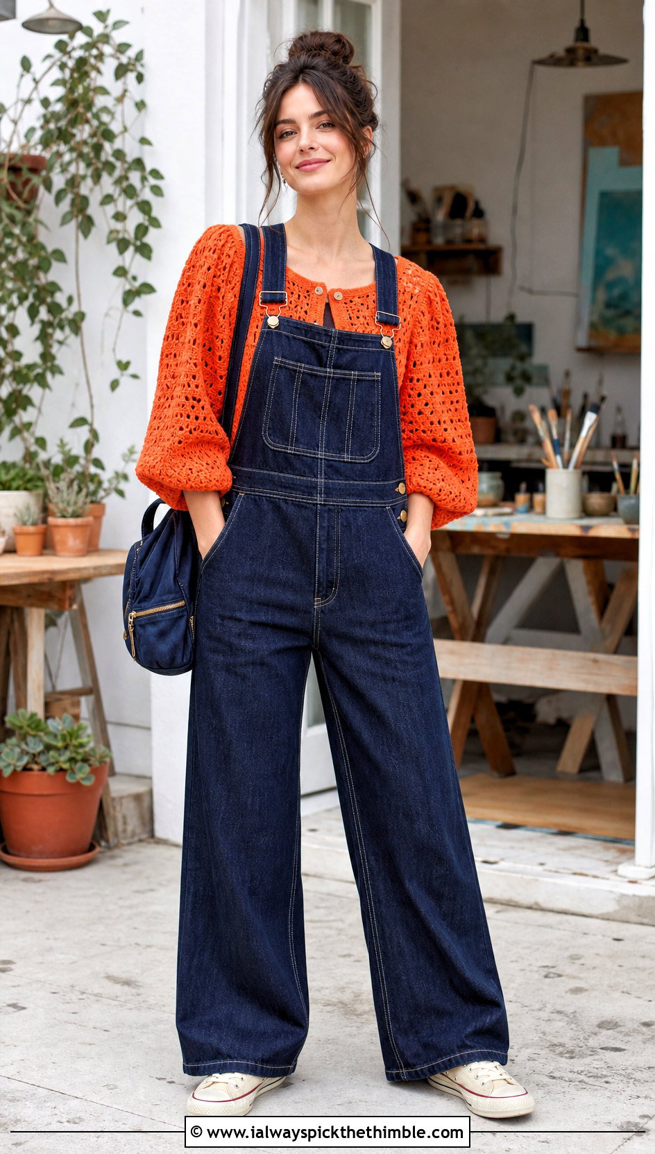 Puff Sleeve Crochet Crop Cardigan With Wide Leg Overalls - 20 Chunky Crochet Crop Cardigan outfit ideas
