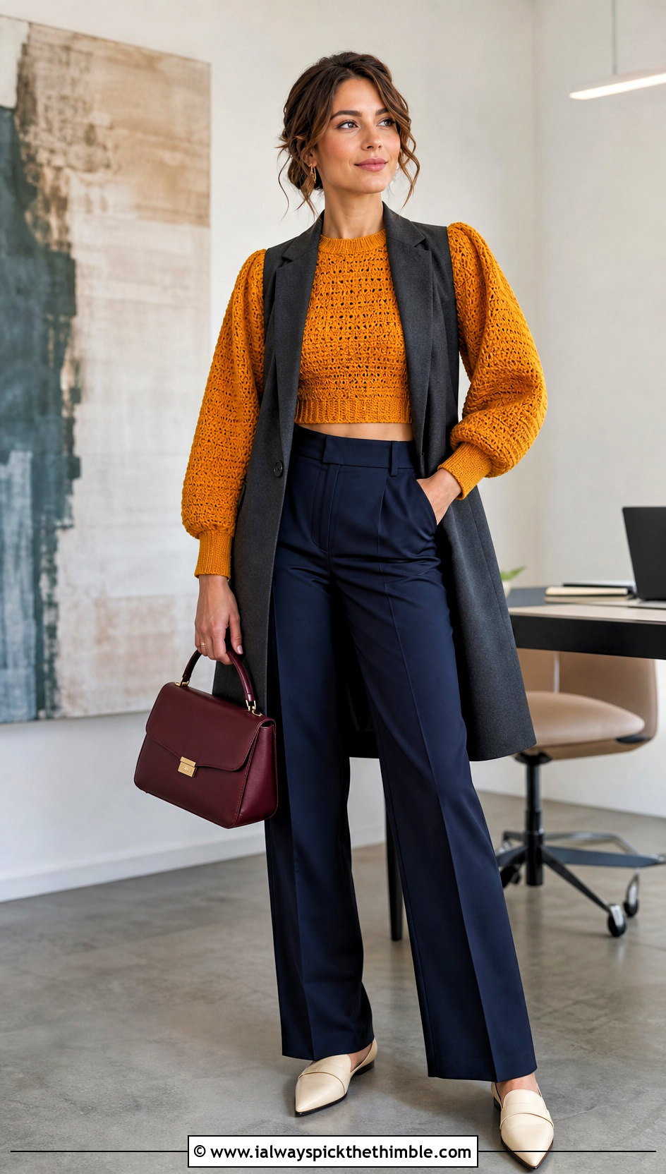 Puff Sleeve Crochet Crop Sweater With Suit Trousers - 25 crochet crop sweater outfit ideas