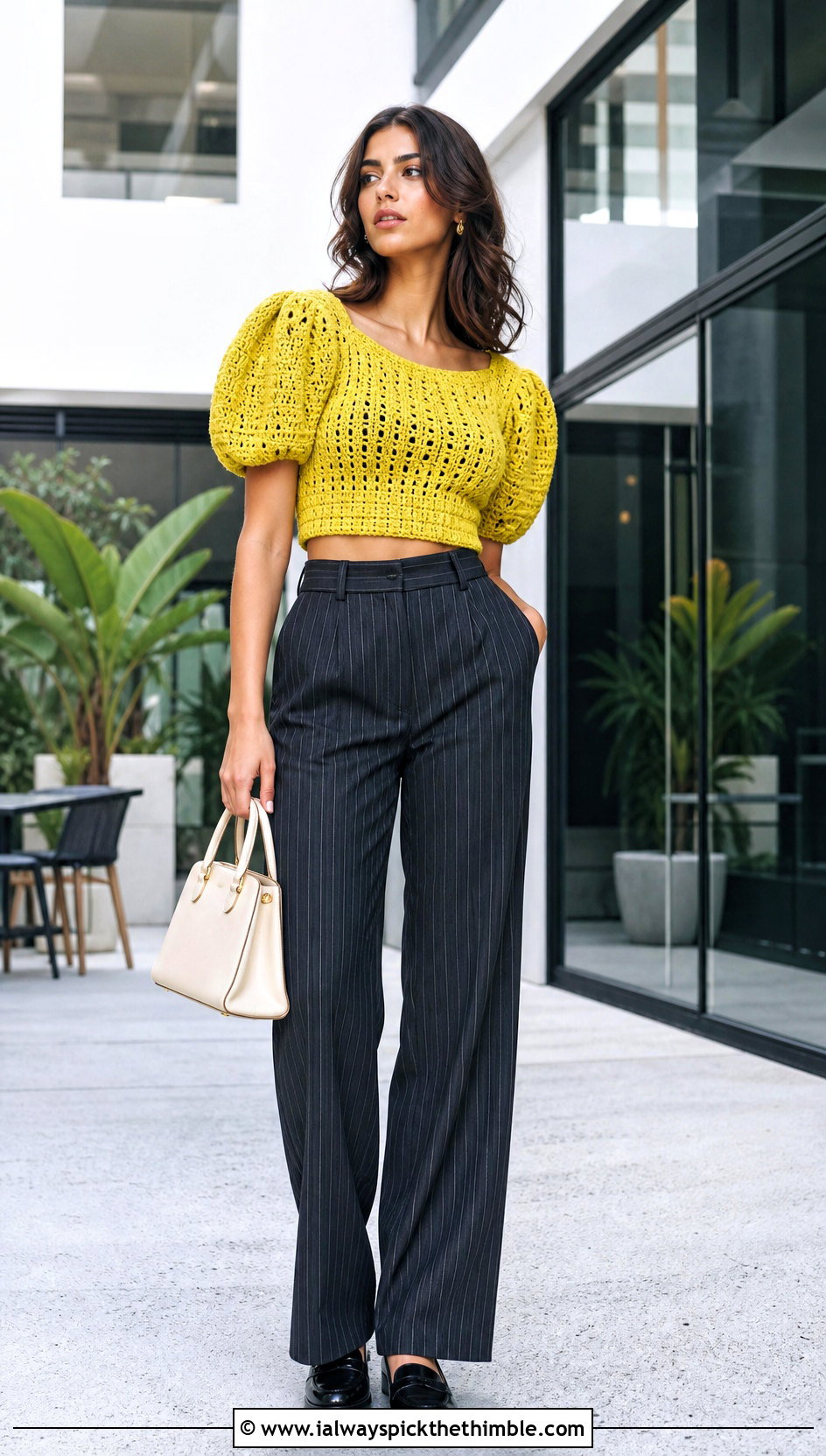 Puff Sleeve Crochet Crop Top With Pinstripe Trousers - 25 crochet crop top outfit ideas