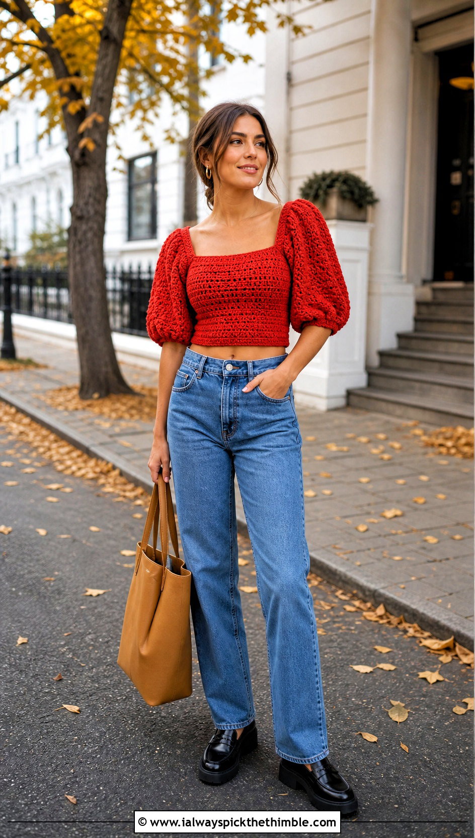 Puff Sleeve Crochet Crop Top With Straight Leg Jeans - 20 boho crochet crop top outfit ideas