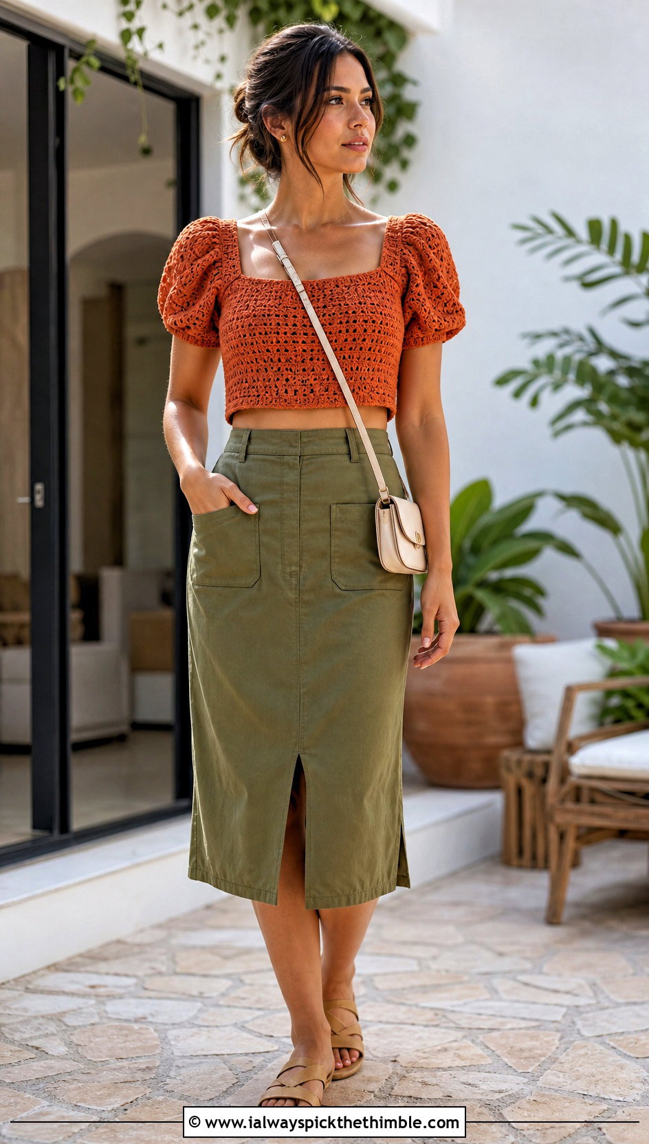 Puff Sleeve Crochet Crop Top With Utility Midi Skirt - 25 easy crochet summer crop tops outfit ideas