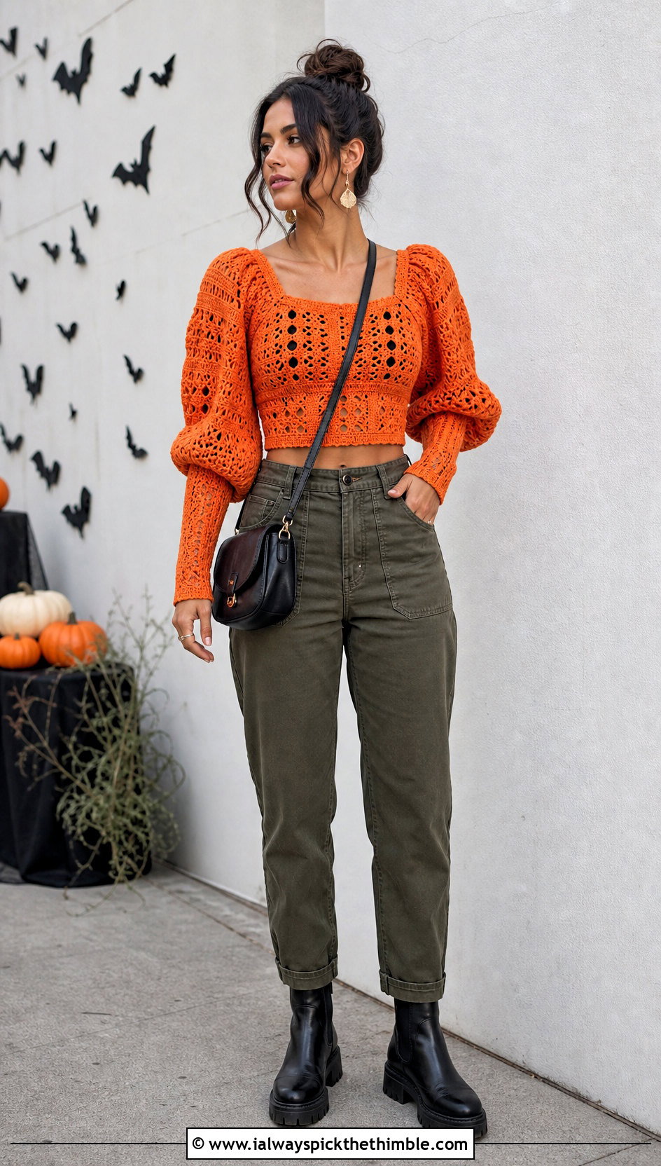 Puff Sleeve Crochet Crop Top With Utility Pants - 20 halloween crochet crop top outfit ideas