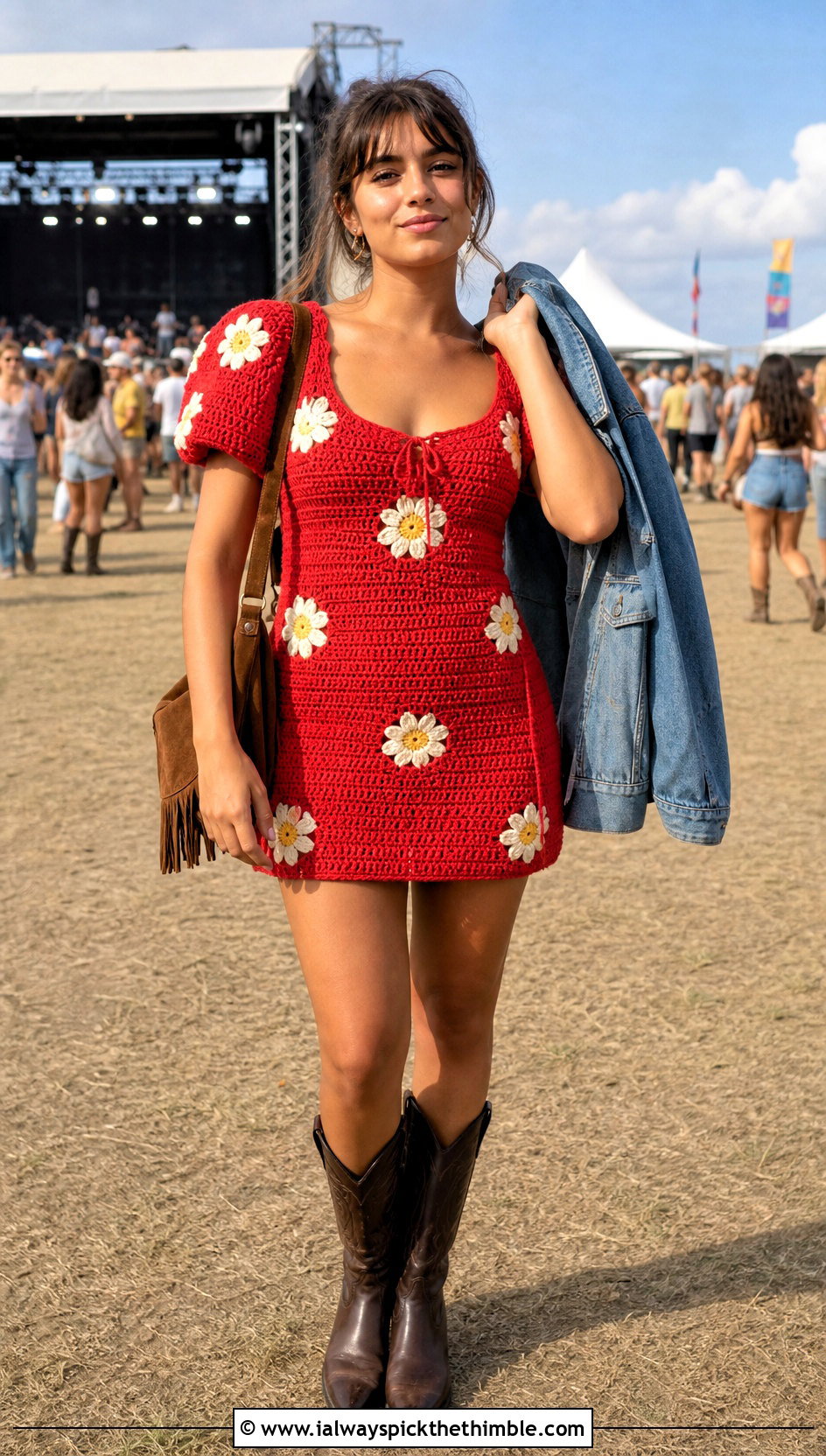 Puff Sleeve Crochet Daisy Mini Dress With Cowboy Boots - 15 Crochet Daisy Dress outfit ideas