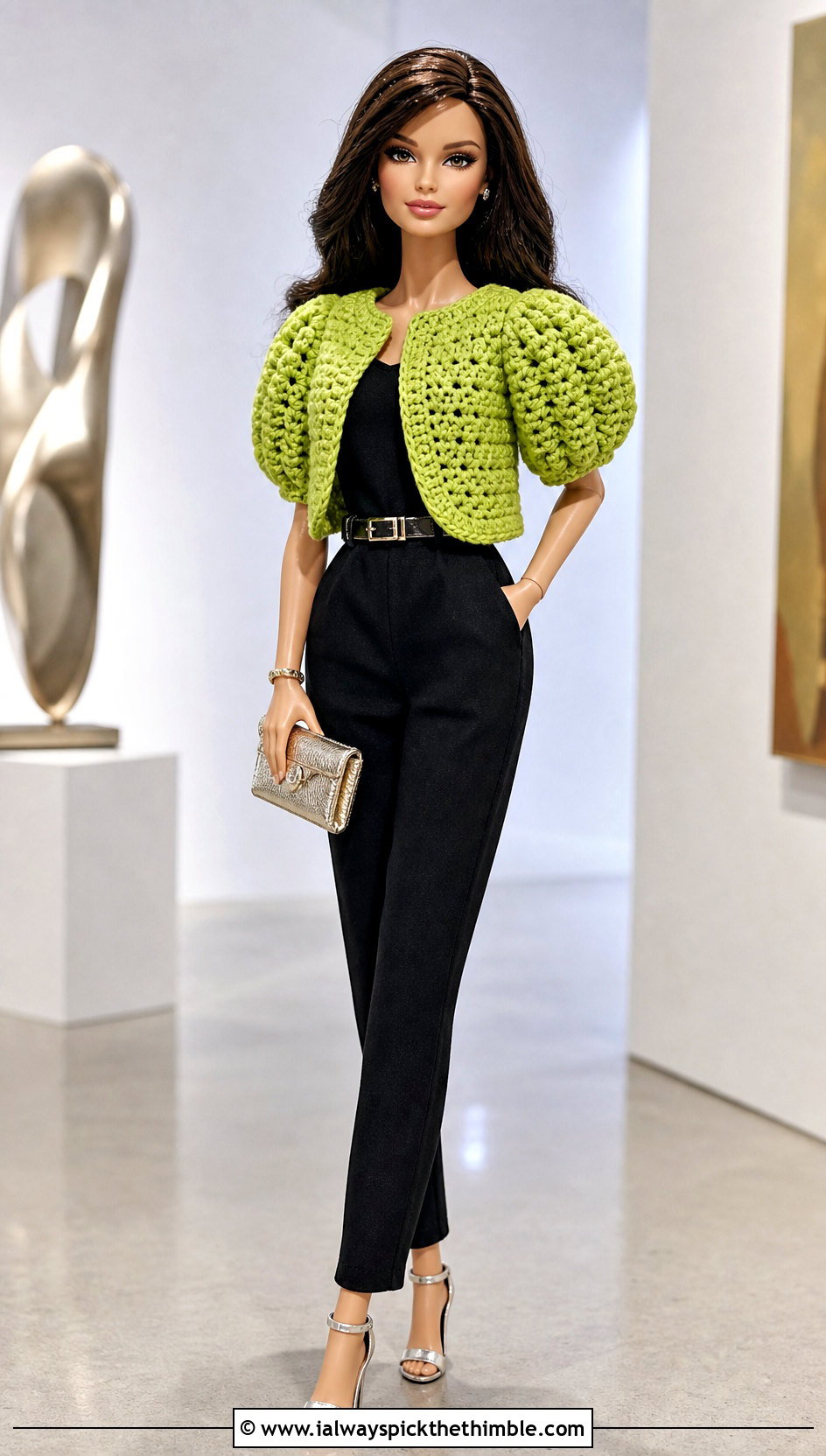 Puff Sleeve Crochet Doll Jacket With Jumpsuit - 20 crochet doll jacket outfit ideas