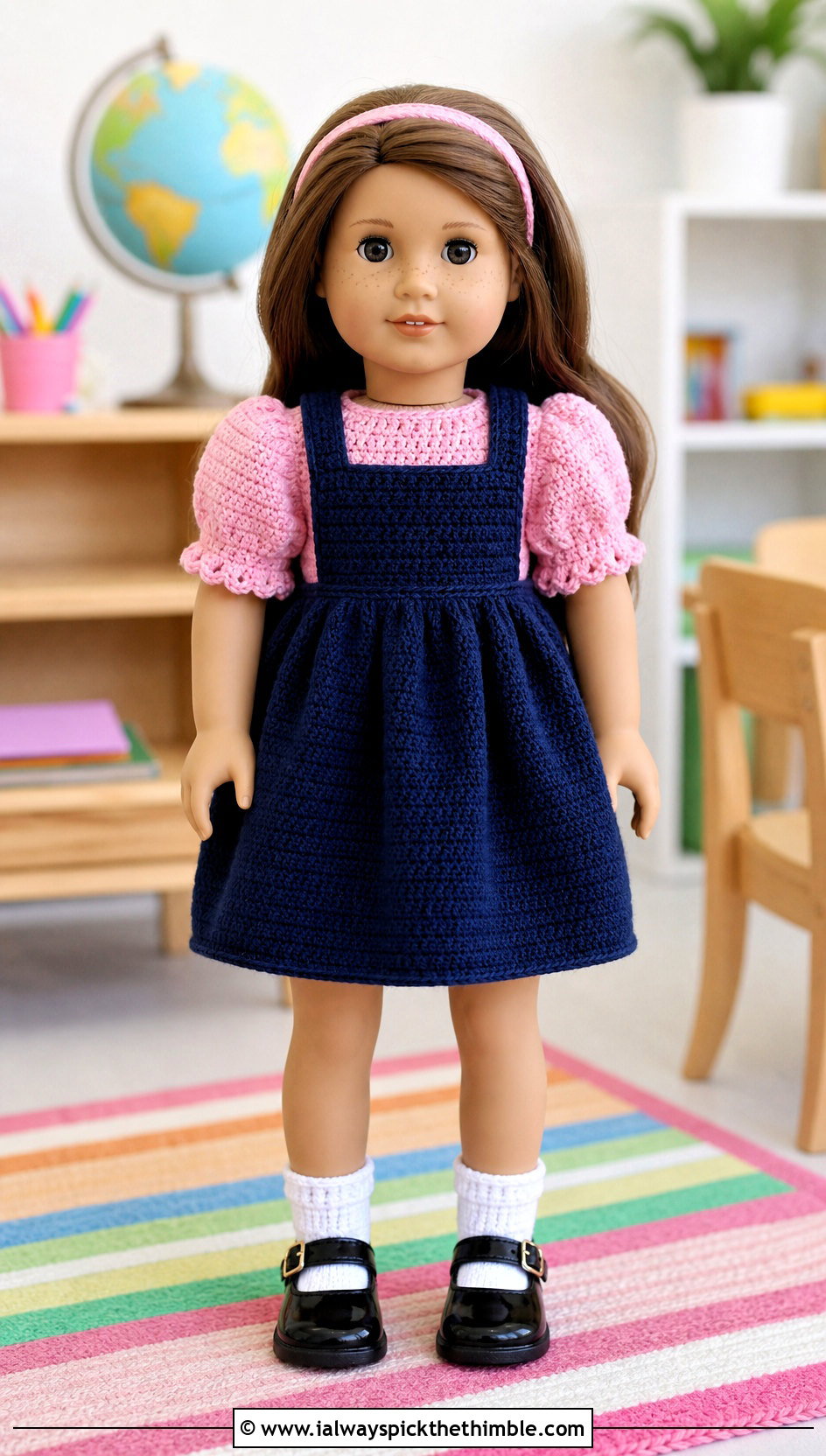 Puff Sleeve Crochet Doll Shirt With Pinafore Dress - 25 crochet doll shirt outfit ideas
