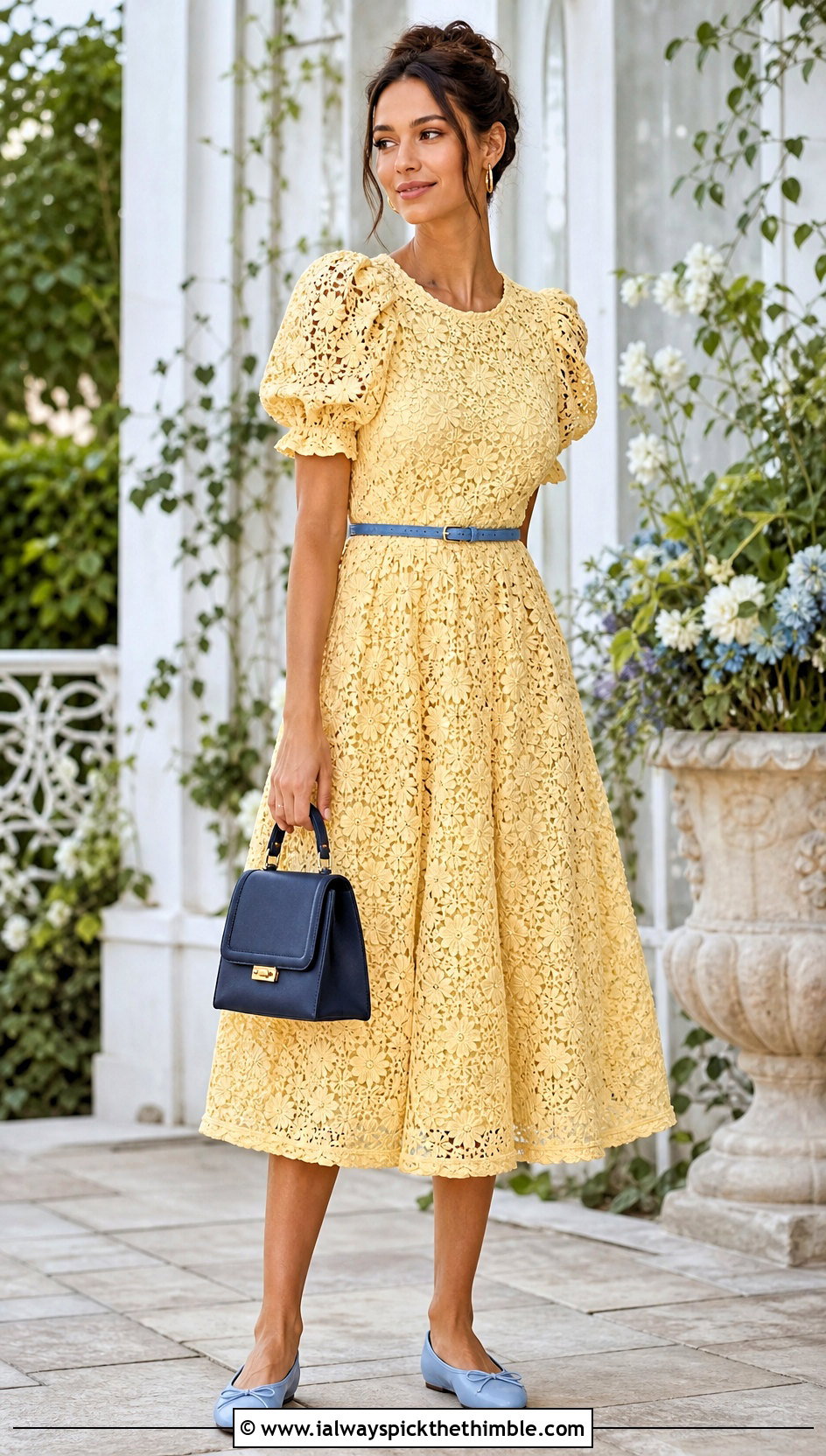 Puff Sleeve Crochet Dress With Ballet Flats - 25 vintage crochet dress outfit ideas