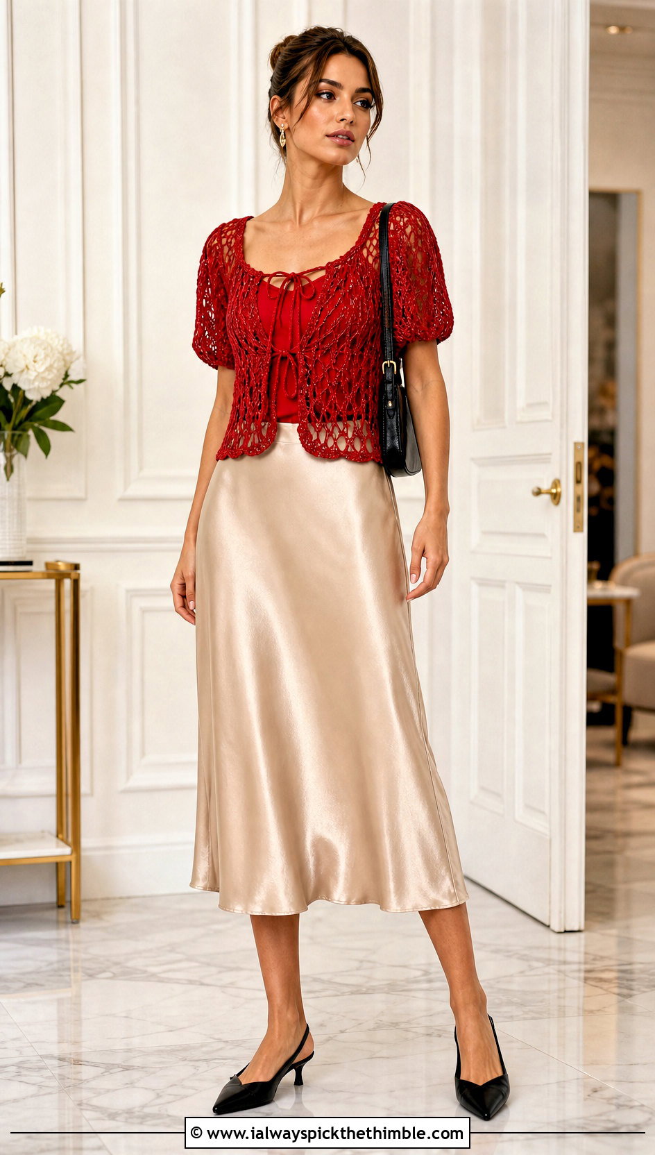 Puff Sleeve Crochet Front Tie Blouse Top With Satin Skirt - 20 crochet front tie top outfit ideas