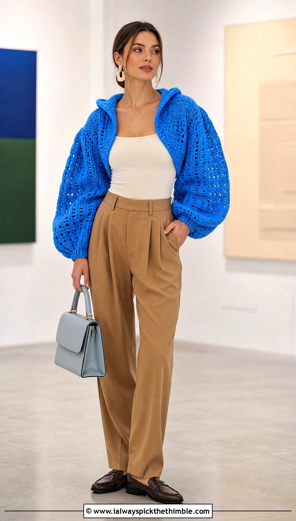 Puff Sleeve Crochet Hooded Shrug With Pleated Trousers - 20 Crochet Hooded Shrug outfit ideas