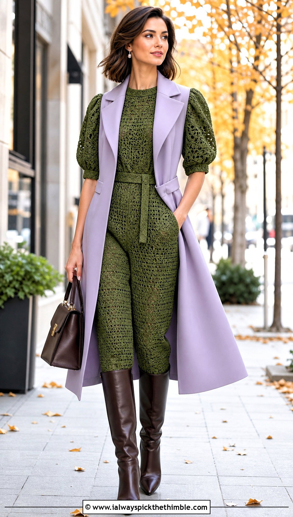 Puff Sleeve Crochet Jumpsuit With Knee High Boots - 20 crochet jumpsuit outfit ideas