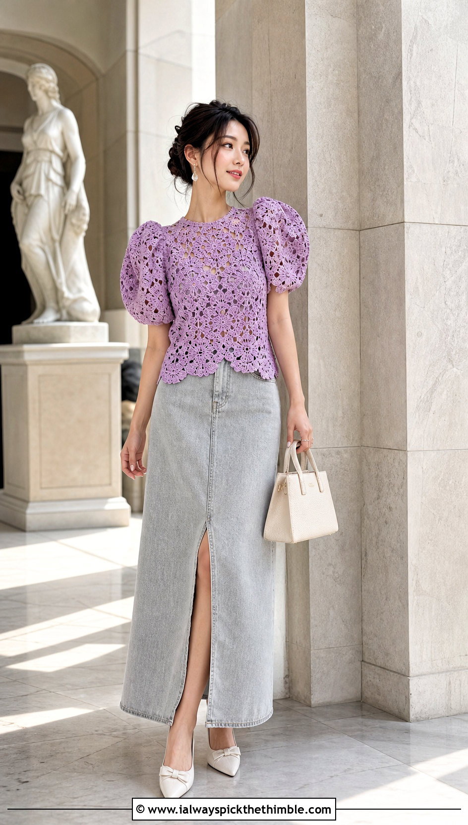 Puff Sleeve Crochet Lace Top With Denim Maxi Skirt - 20 crochet lace summer top outfit ideas