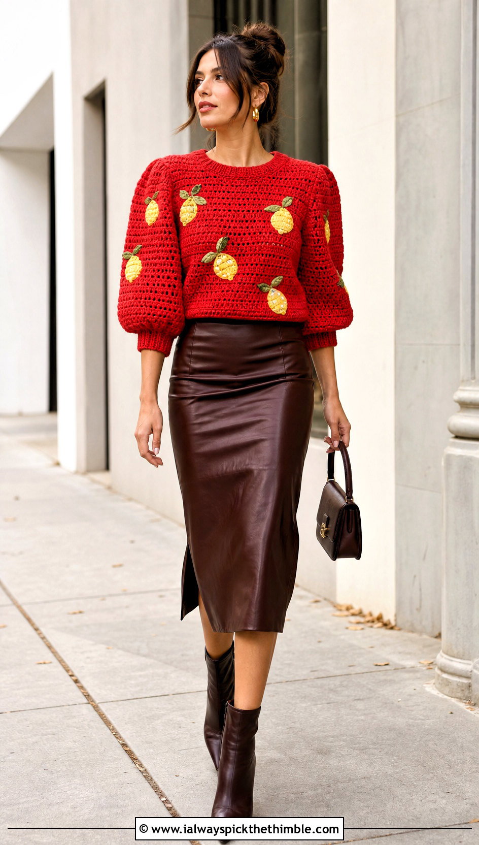 Puff Sleeve Crochet Lemon Sweater With Leather Skirt - 20 Crochet Lemon Sweater outfit ideas
