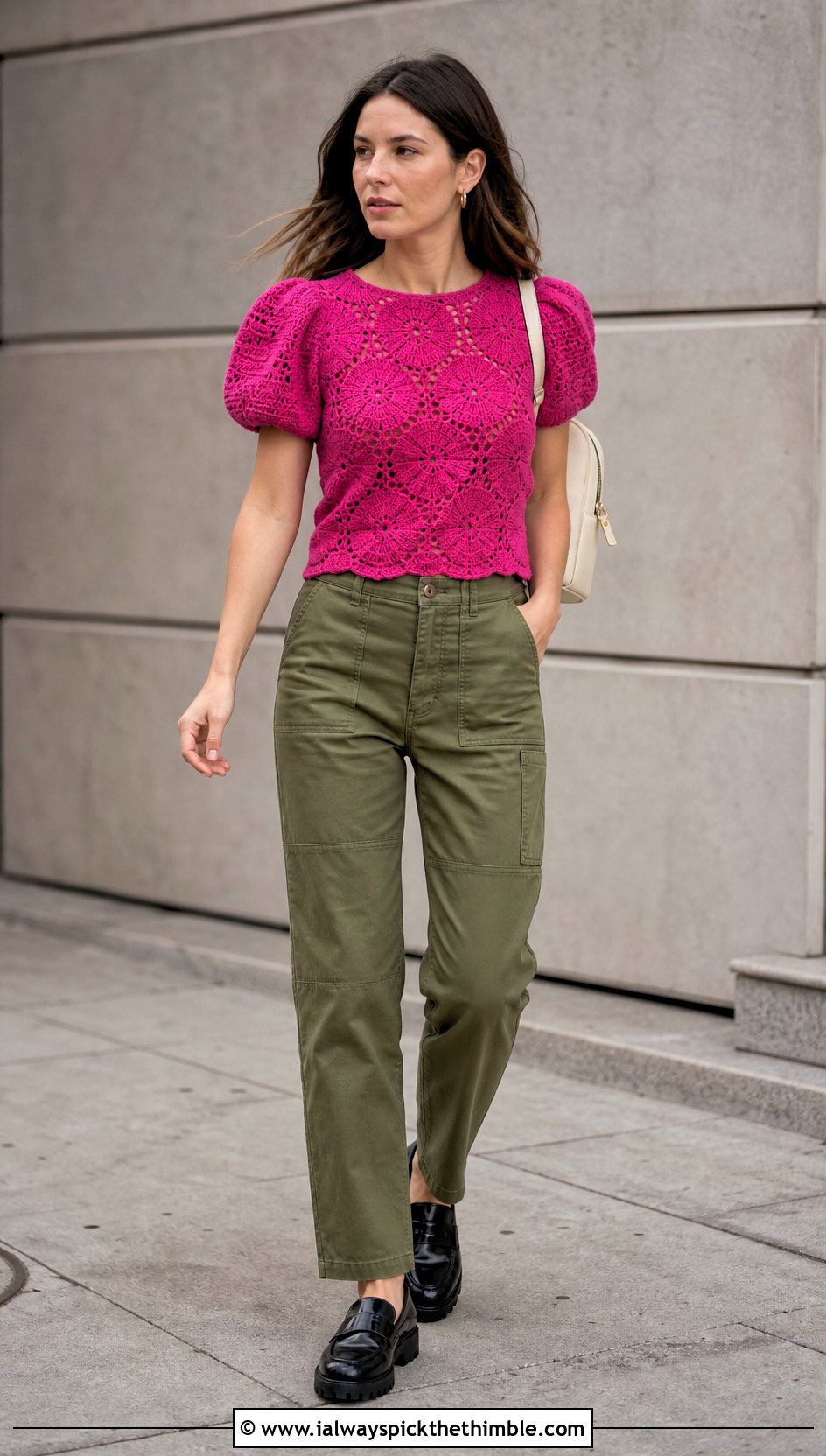 Puff Sleeve Crochet Lily Top With Utility Pants - 20 crochet lily top outfit ideas