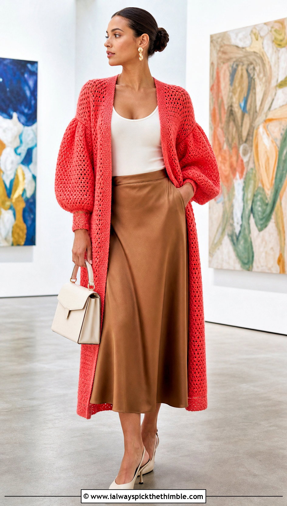 Puff Sleeve Crochet Long Cardigan With Satin Skirt - 20 Easy Crochet Long Cardigan outfit ideas