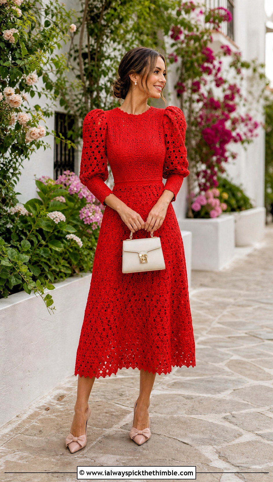 Puff Sleeve Crochet Midi Dress With Bow Pumps - 20 crochet fancy dress outfit ideas