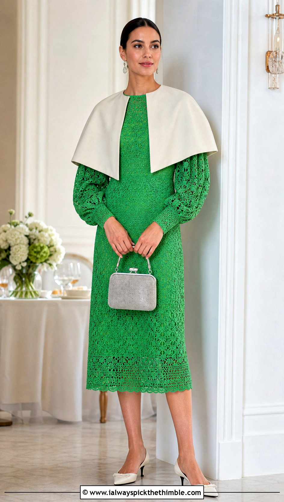 Puff Sleeve Crochet Midi Dress With Kitten Heels - 25 Formal Crochet Dress outfit ideas