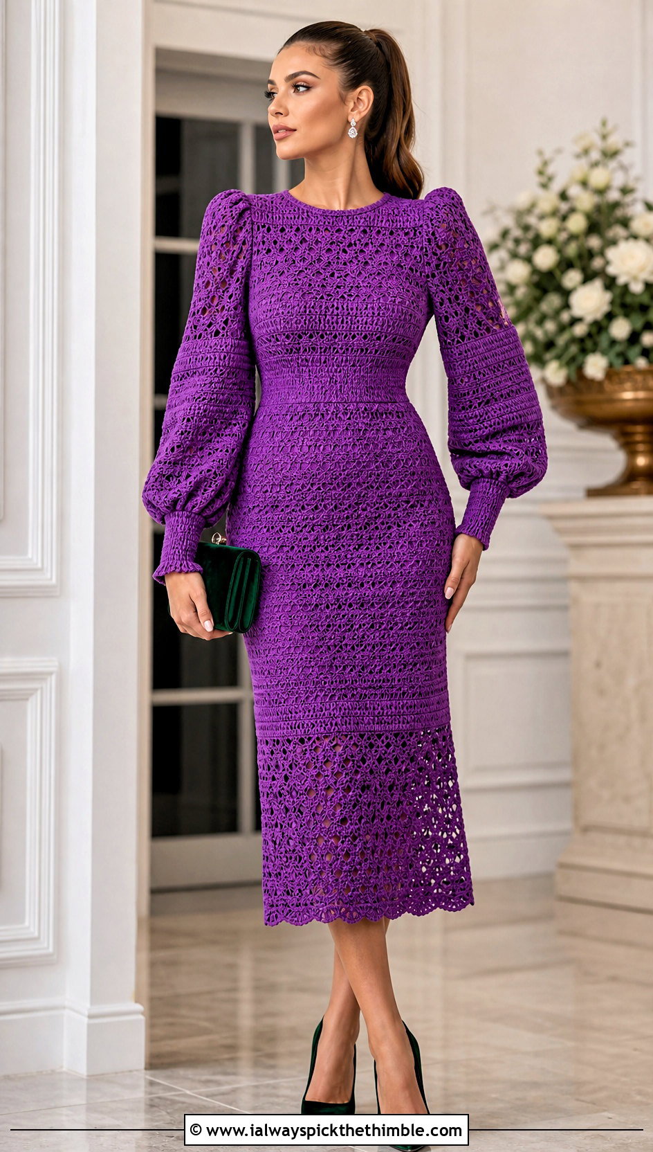 Puff Sleeve Crochet Midi Dress With Velvet Accessories - 25 crochet formal dress outfit ideas