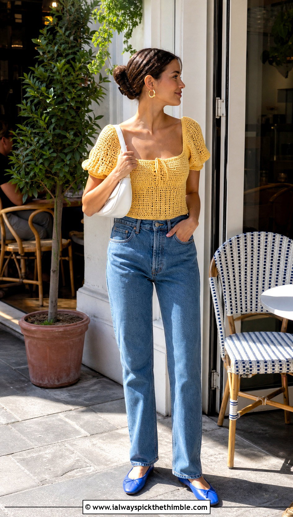 Puff Sleeve Crochet Milkmaid Top With Straight Leg Jeans - 20 Crochet Milkmaid Top outfit ideas