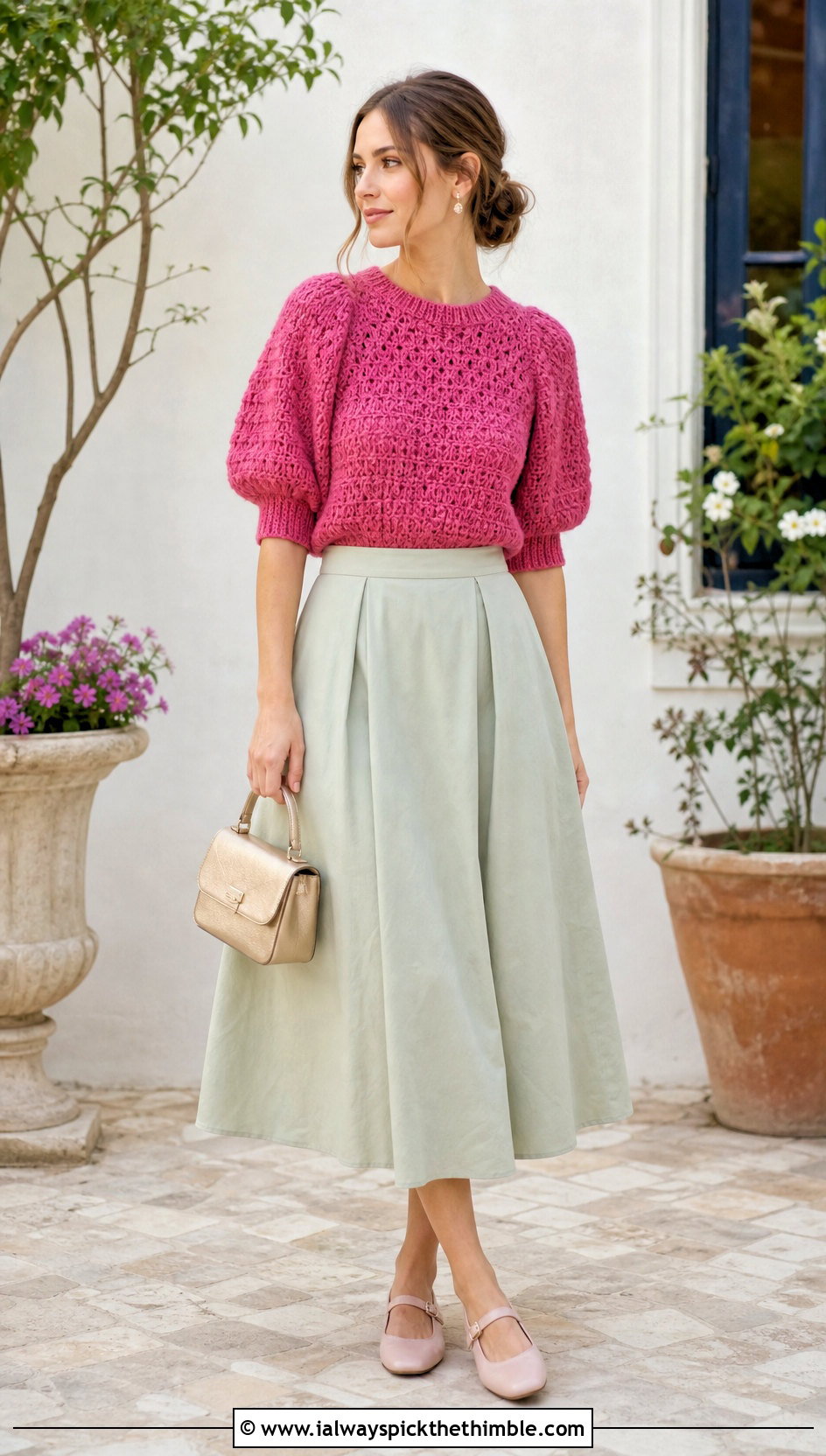Puff Sleeve Crochet Mohair Top With A Line Midi Skirt - 25 crochet mohair top outfit ideas