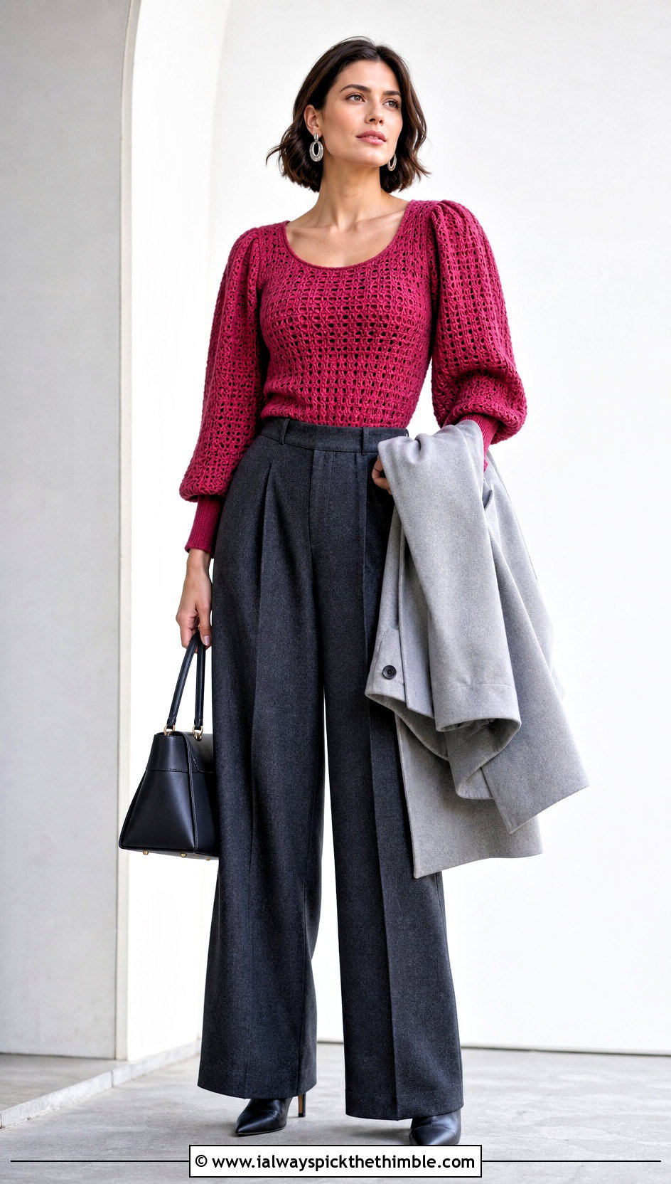 Puff Sleeve Crochet Scoop Neck Top With Wool Trousers - 20 crochet scoop neck top outfit ideas