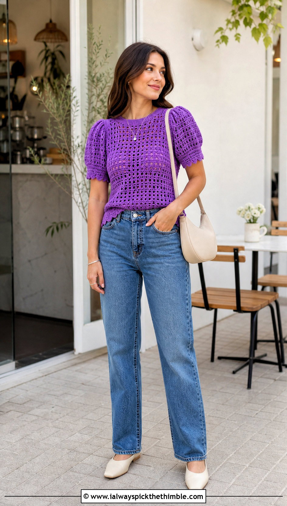 Puff Sleeve Crochet Short Sleeve Sweater With Straight Leg Jeans - 20 Crochet Short Sleeve Sweater outfit ideas