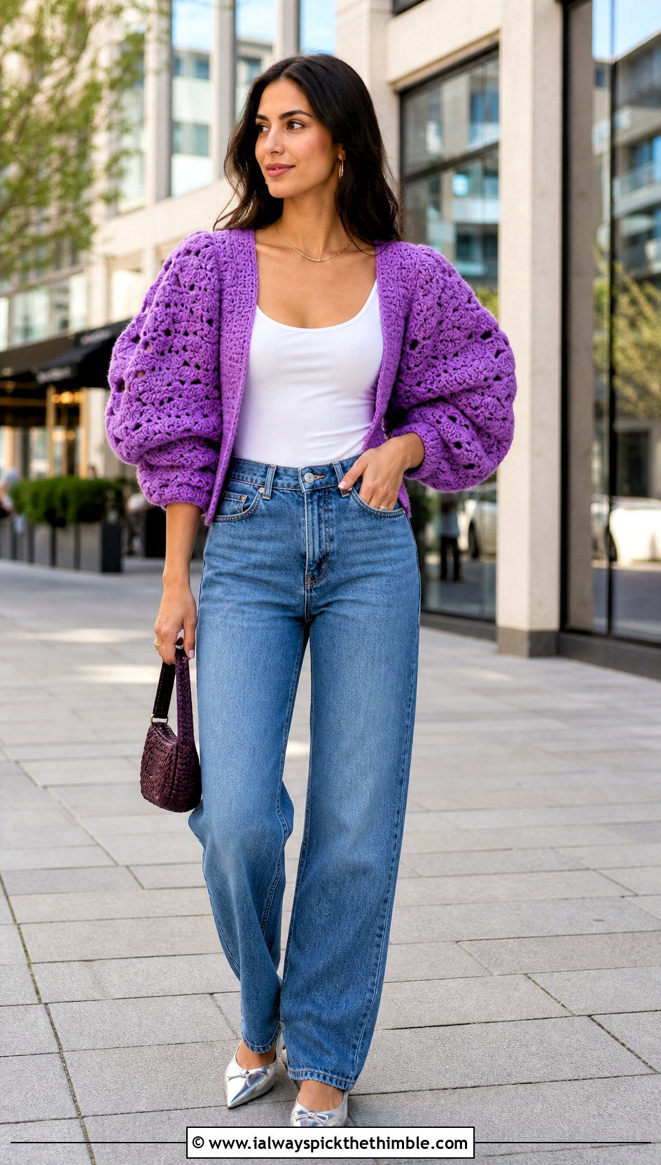 Puff Sleeve Crochet Shrug With Straight Jeans - 25 crochet shrug outfit ideas