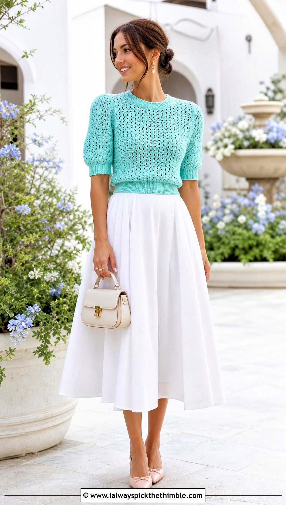 Puff Sleeve Crochet Spring Sweater With Poplin Midi Skirt - 25 crochet spring sweater outfit ideas