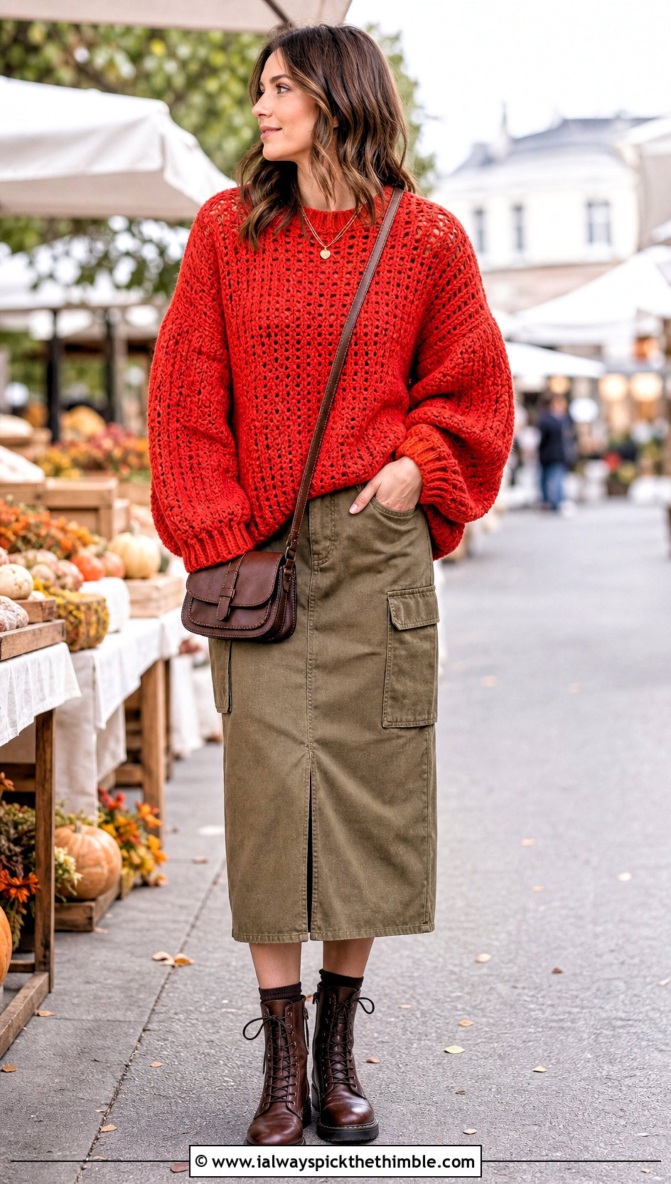 Puff Sleeve Crochet Sweater With Utility Midi Skirt - 25 oversized crochet sweater outfit ideas