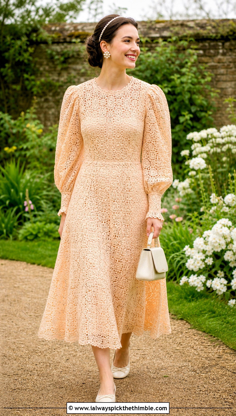 Puff Sleeve Crochet Tea Length Wedding Dress With Ballet Flats - 15 short crochet wedding dress outfit ideas