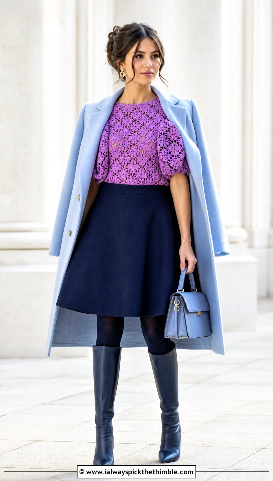 Puff Sleeve Crochet Top With A Line Skirt - 25 winter crochet top outfit ideas