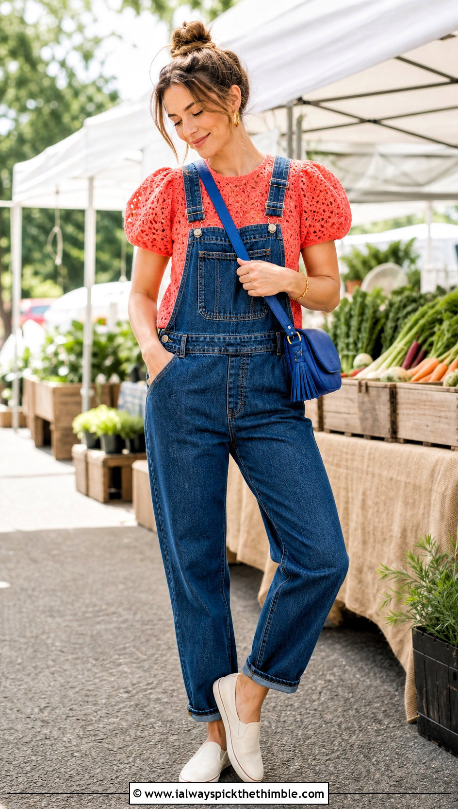 Puff Sleeve Crochet Top With Denim Overalls - 25 Crocheted Summer Tops outfit ideas